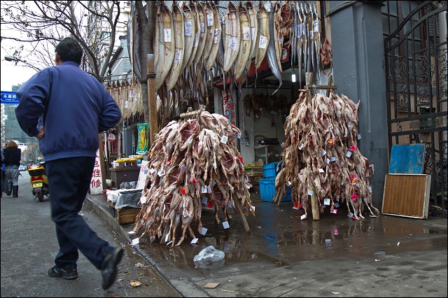 Meat on the street in Shanghai, China.