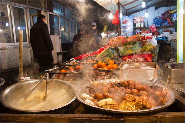 Food on the night street in Shanghai, China.