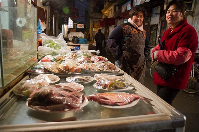 Food on the night street in Shanghai, China.