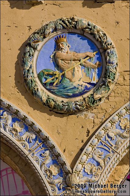 Rondel modeled by Maxfield H. Keck depicting Neptune holding a trident, and dripping with seaweed. Childs Retaurant, Coney Island, Brooklyn, NY. Built 1923.