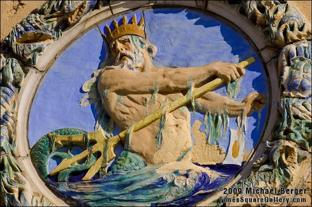 Rondel modeled by Maxfield H. Keck depicting Neptune holding a trident, and dripping with seaweed. Childs Retaurant, Coney Island, Brooklyn, NY. Built 1923.