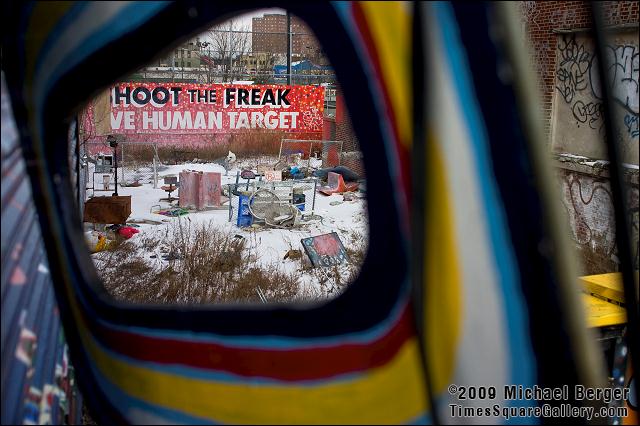 Shoot The Freak with paintballs on the Coney Island boardwalk.