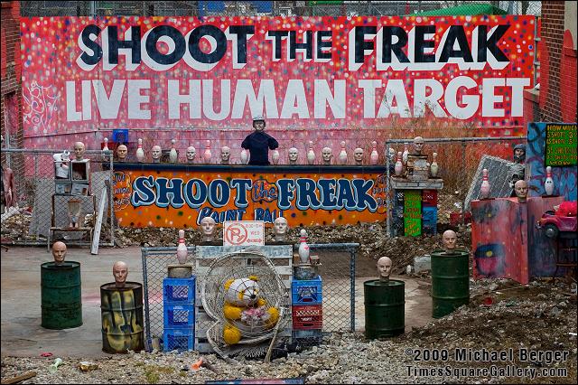 Shoot The Freak with paintballs on the Coney Island boardwalk.