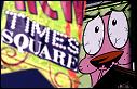 New Times Square banner withcartoon character in Times Square. 1999.