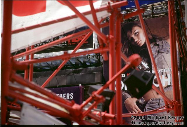 Bilboard and structural elements of tkts booth in Times Square. 2002.