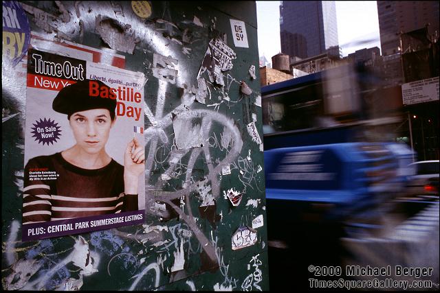 Side panel of a newsstand on south side of W. 42nd St. between 6th Ave. and Broadway. 2002.