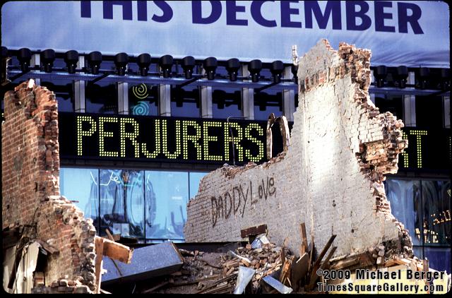 Zipper sign on 1 Times Square framed by demolition of building on 7th Avenue, 1998.