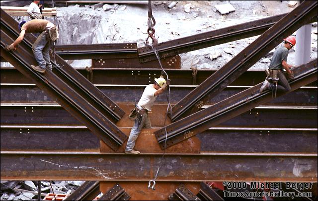 Iron workers on beams at a construction site on 7th Avenue betweeen W. 42nd and W. 43rd Street. 1999.