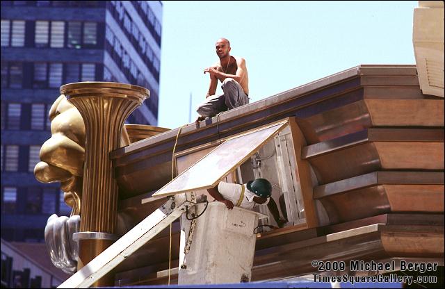 Working on a new movie marquee on the north side W. 42nd Street betweeen 7th and 8th avenue. 1999.