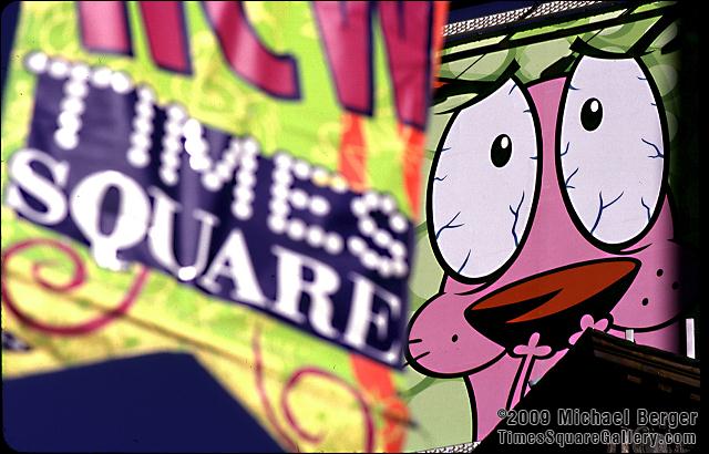 New Times Square banner withcartoon character in Times Square. 1999.