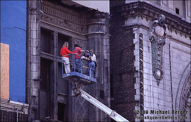 Testing the integrity of the Liberty Theatre on the south side of West 42nd Street between 7th and 8th Avenue. 1998.
