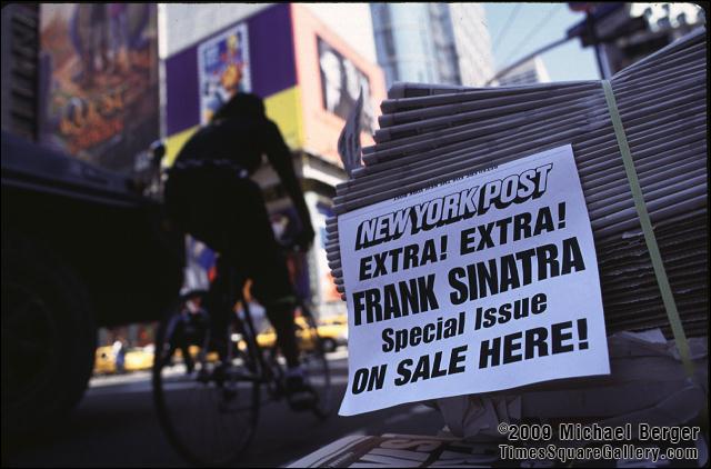 Afternoon paper announcing the death of Frank Sinatra on West 42nd Street in Times Square. 1998.
